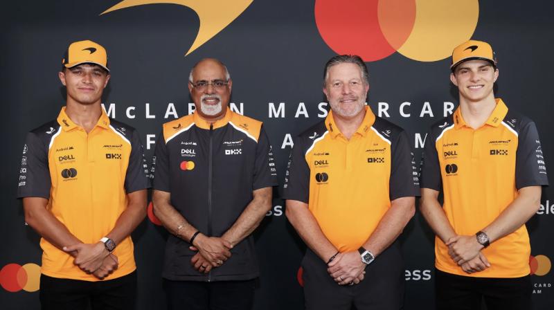 From left: Lando Norris, Raja Rajamannar, Zak Brown and Oscar Piastri