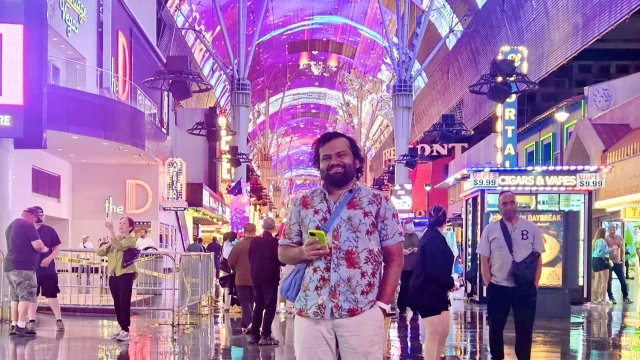 Soham Ghosh under the Fremont Street, home to the world's largest single video screen.
