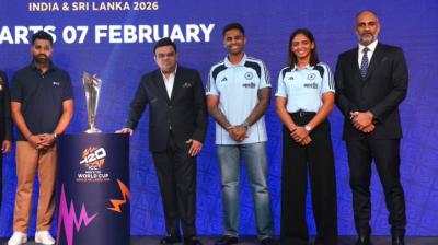 From left: Rohit Sharma, Jay Shah, Surya Kumar Yadav, Harmanpreet Kaur and Sanjog Gupta