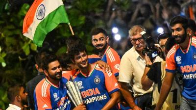 Team India during the parade after the World Cup win 