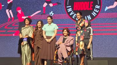 (L-R): Sharda Ugra, Jinisha Sharma, Sania Mirza, Deepa Malik, PV Sindhu and Atiqa Mir on stage after the report unveiling