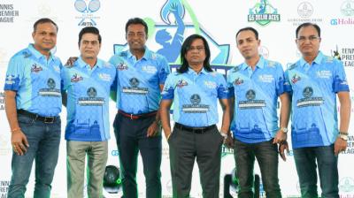 Pankaj Nagpure, Vijay Pusdekar, Leander Paes, Shri Guruji, Amit Gandhi and Sachin Naxane during the launch event of GS Delhi Aces in TPL by Guru Samruddhi House of Investments in Dubai.